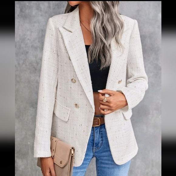 Jackets & Blazers - Lapel Neck Double Breasted Tweed Blazer